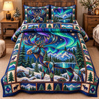 Mystic Aurora Moose quilted 3-piece bedding set on a made bed with two matching pillow shams