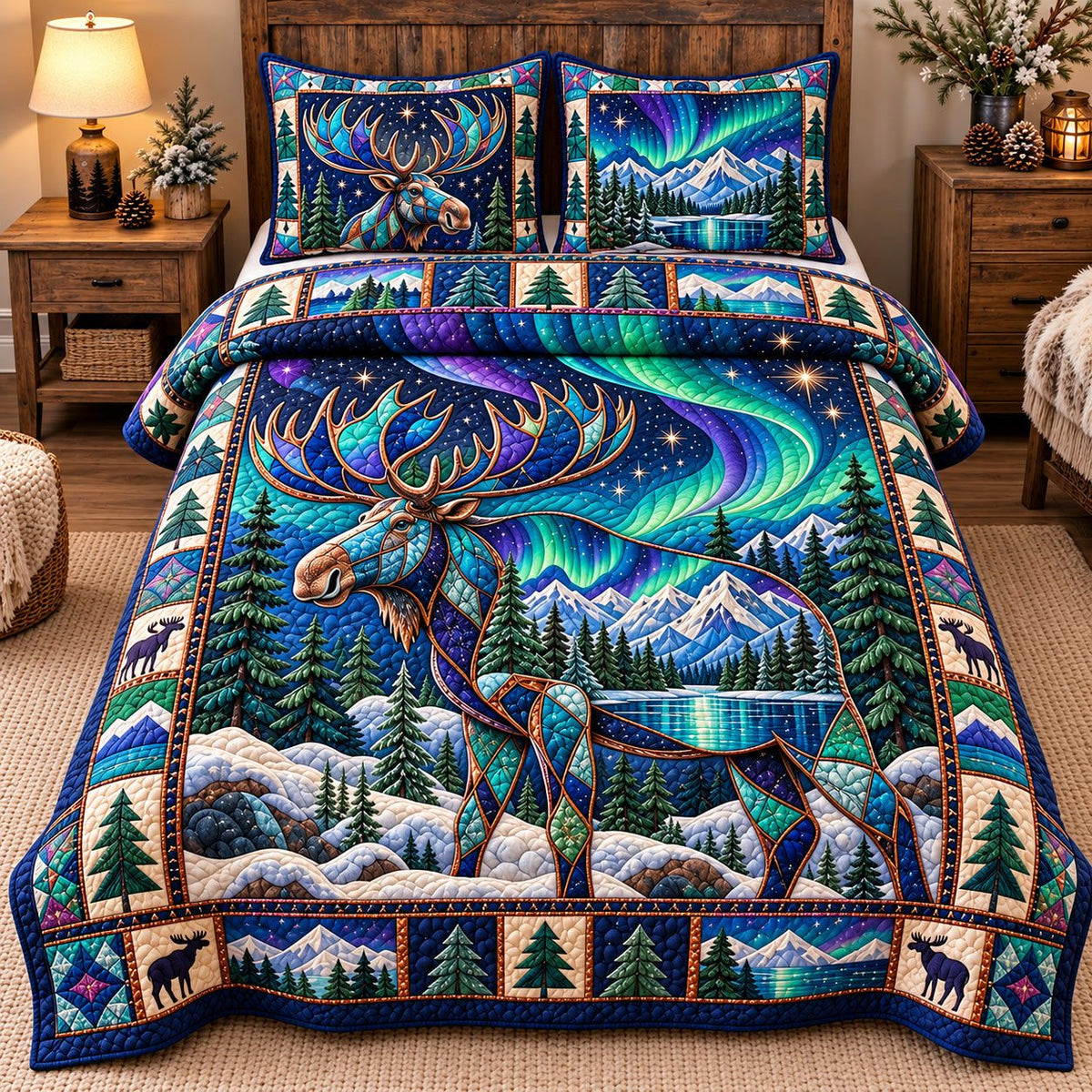 Mystic Aurora Moose quilted 3-piece bedding set on a made bed with two matching pillow shams
