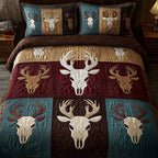 Mystic Deer Skull Multi quilted 3-piece bedding set on a made bed against a dark styled interior