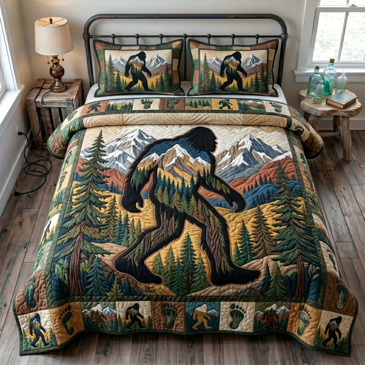 Mystic Sasquatch Peaks quilted 3-piece bedding set on a made bed with two matching pillow shams