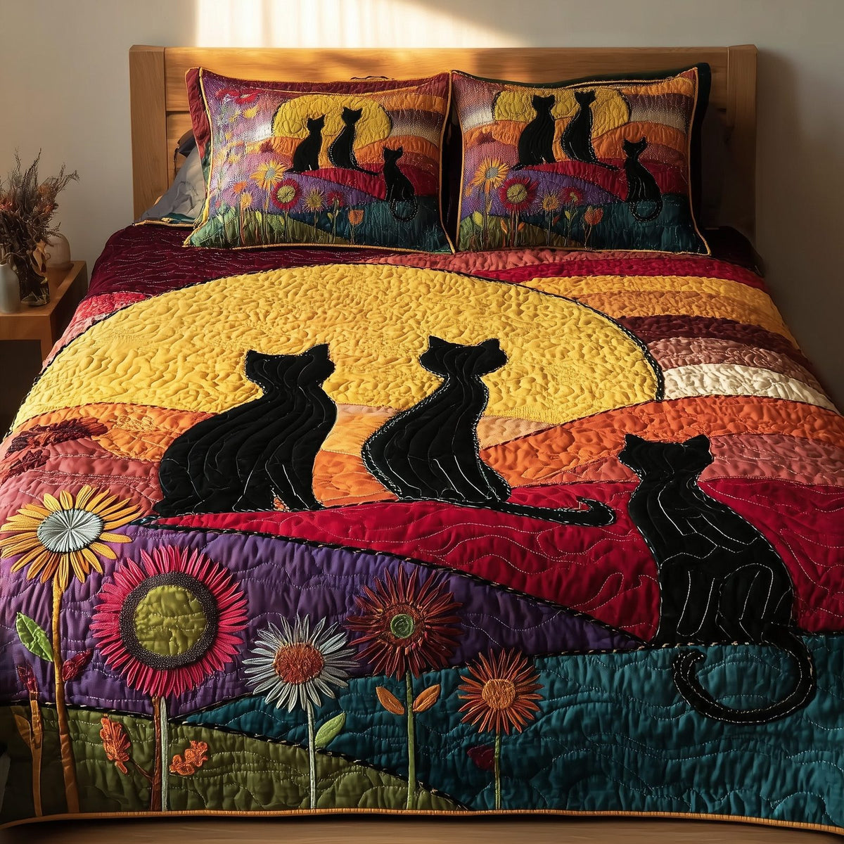 Mystic Whisker Cats Sun quilted 3-piece bedding set on a made bed with two matching pillow shams