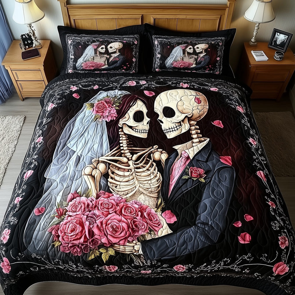 Mystique Skull Couple Wedding quilted 3-piece bedding set on a made bed against a dark styled interior