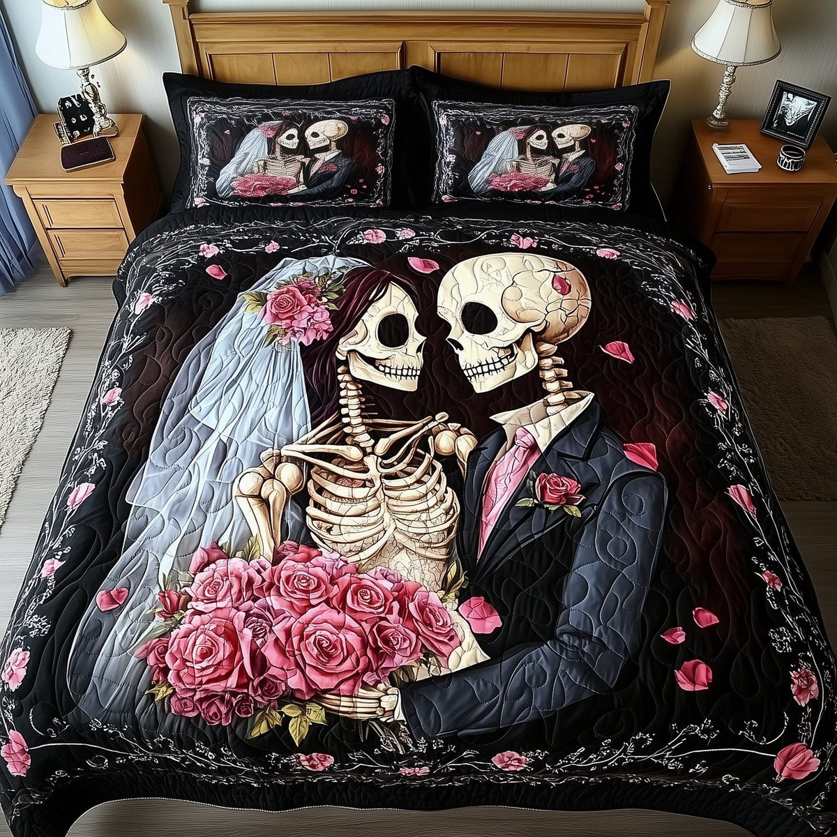 Mystique Skull Couple Wedding quilted 3-piece bedding set on a made bed against a dark styled interior
