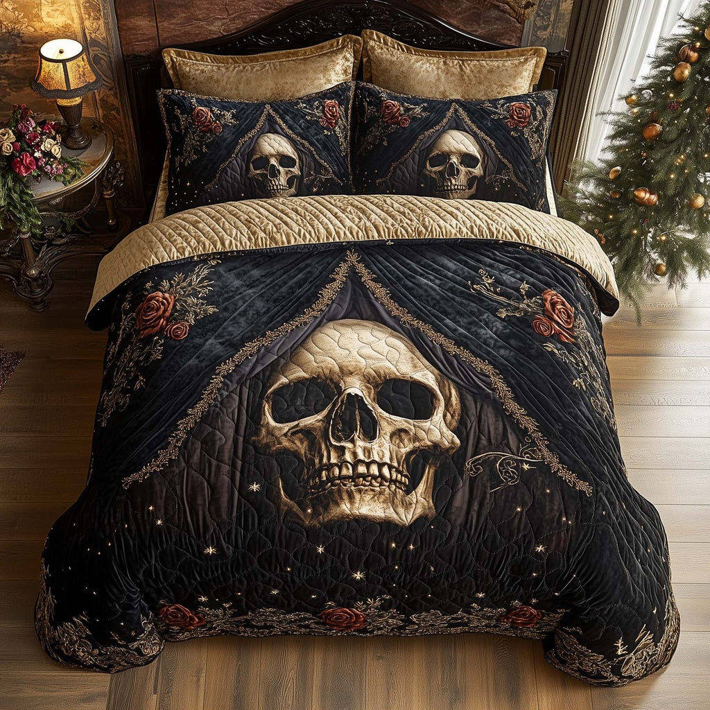 Mystique Solo Skull Dark quilted 3-piece bedding set on a made bed against a dark styled interior