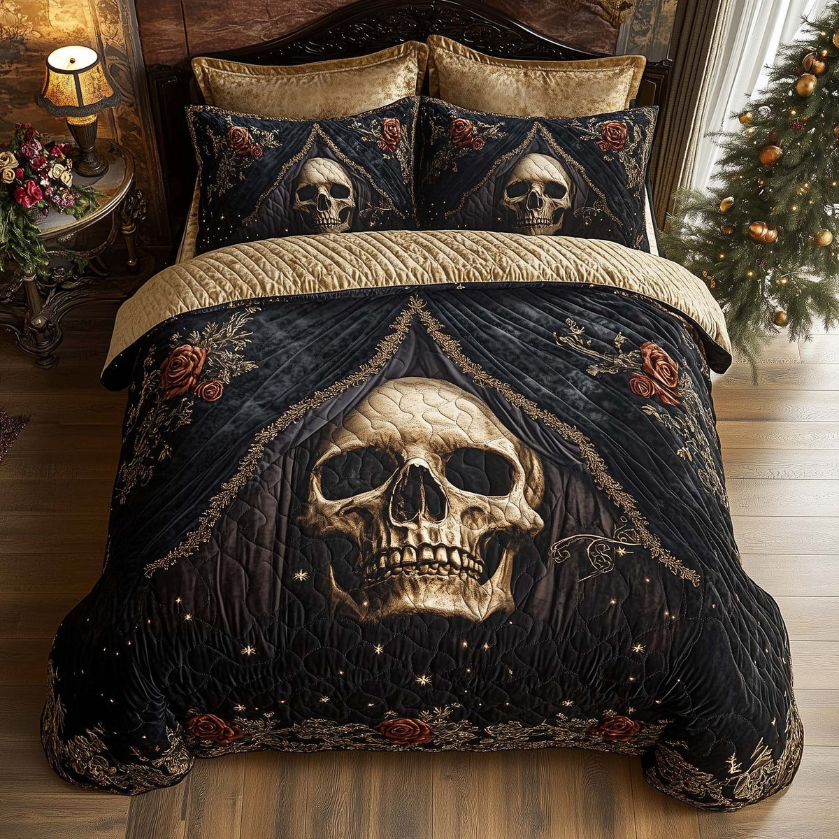 Mystique Solo Skull Dark quilted 3-piece bedding set on a made bed against a dark styled interior
