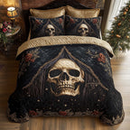 Mystique Solo Skull Dark quilted 3-piece bedding set on a made bed against a dark styled interior