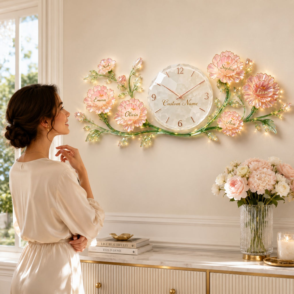 Floral Custom Name Wall Clock — personalized with a custom name