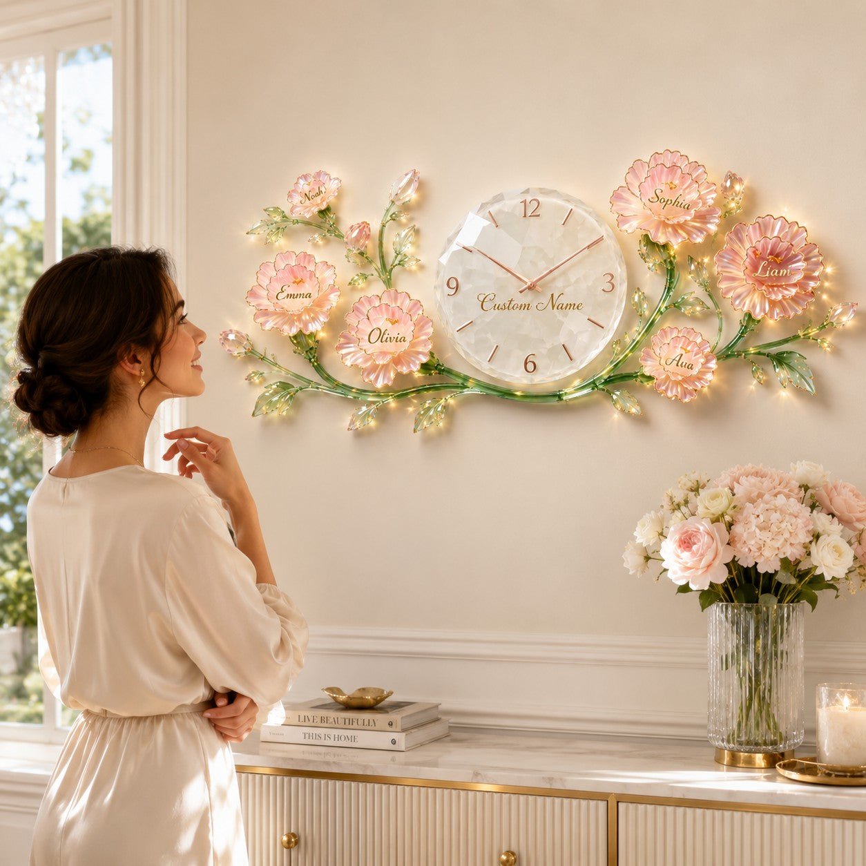 Floral Custom Name Wall Clock — personalized with a custom name