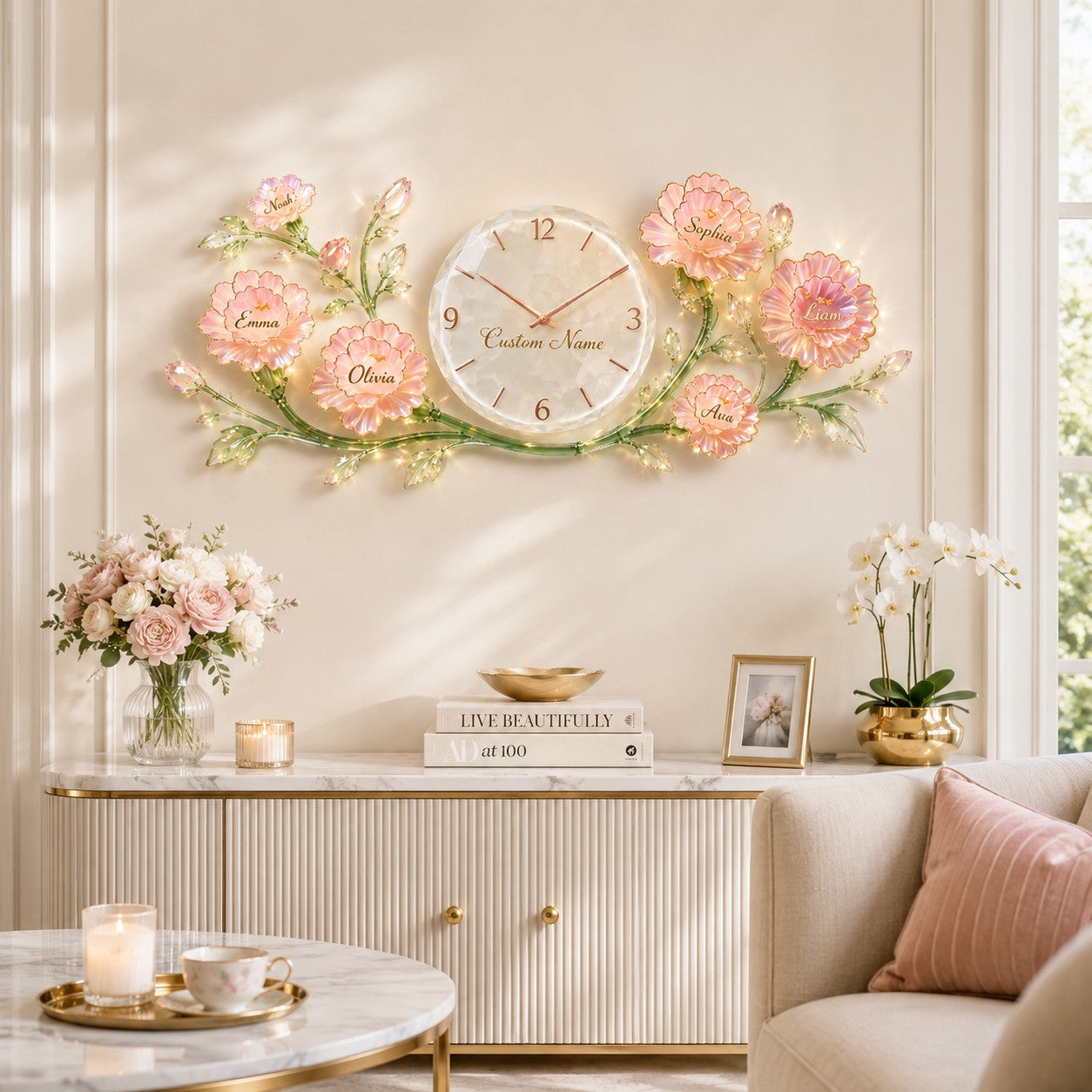 Floral Custom Name Wall Clock — personalized with a custom name
