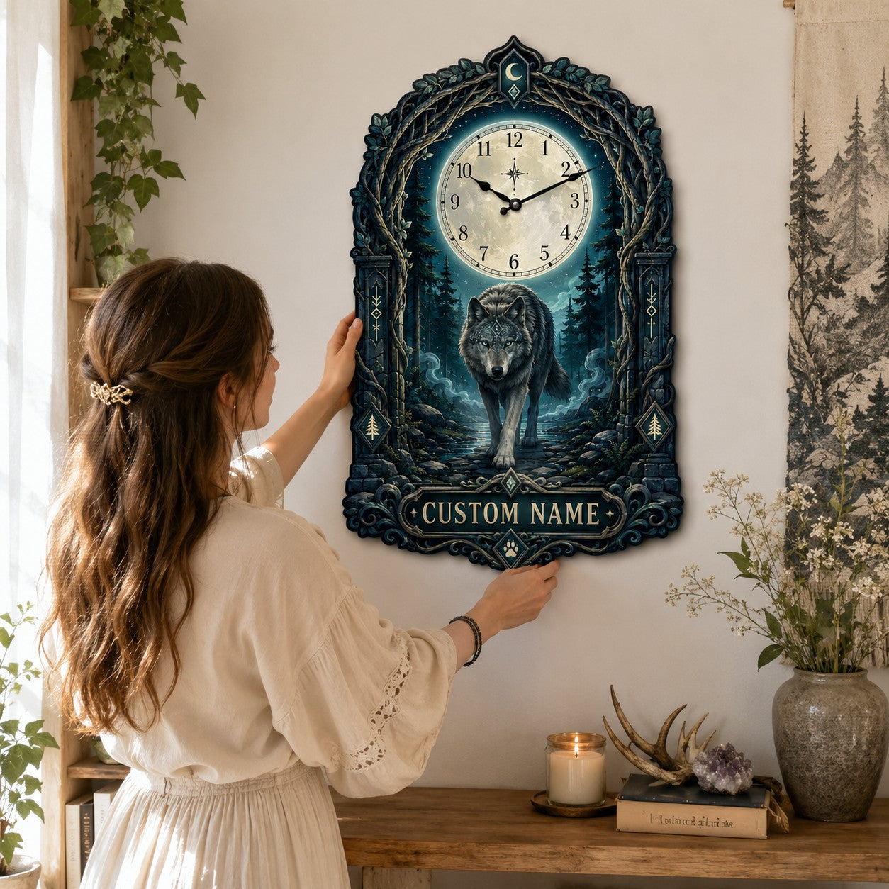 Mystical wolf Custom Name Wall Clock — personalized with a custom name