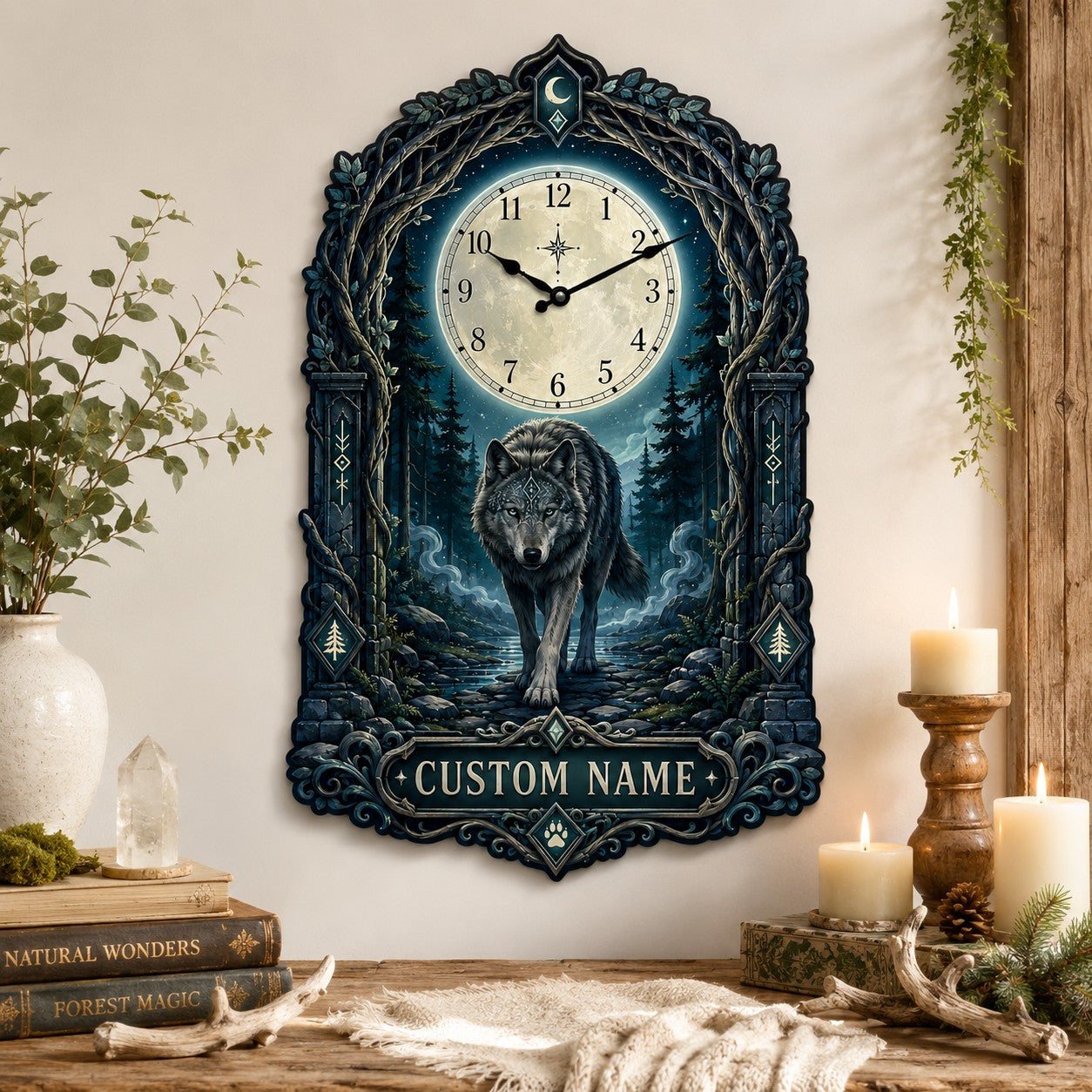 Mystical wolf Custom Name Wall Clock — personalized with a custom name