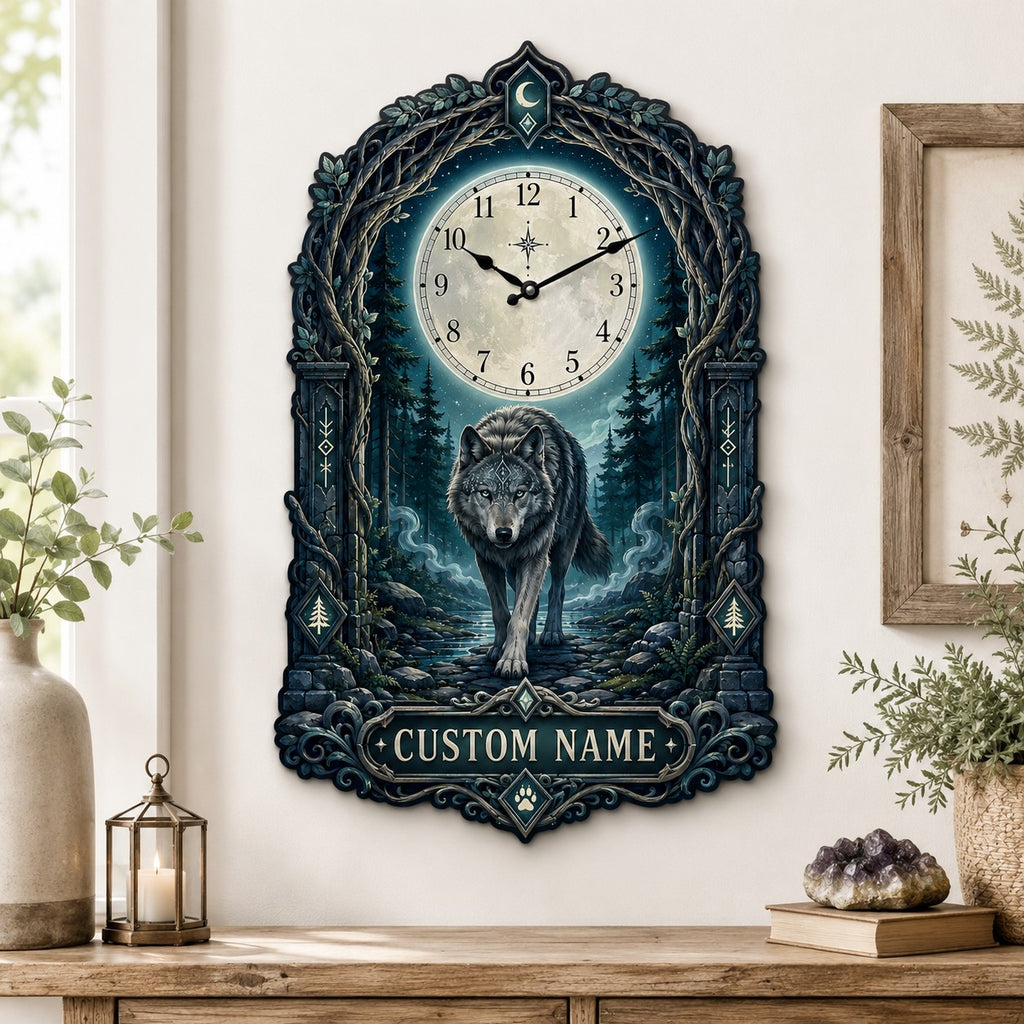 Mystical wolf Custom Name Wall Clock — personalized with a custom name