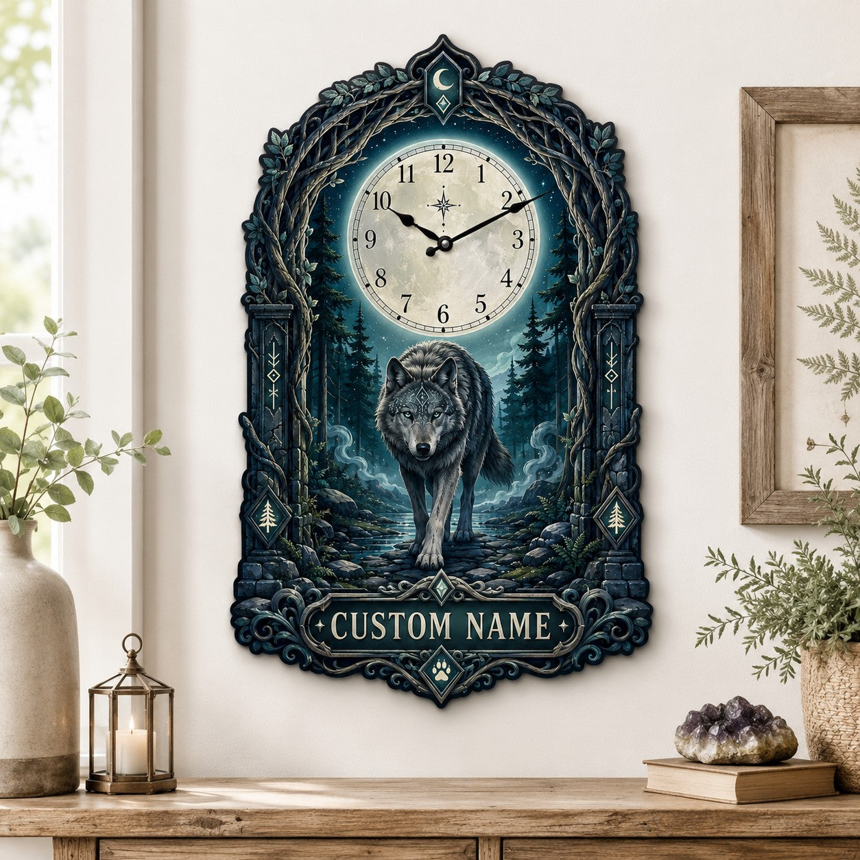 Mystical wolf Custom Name Wall Clock — personalized with a custom name