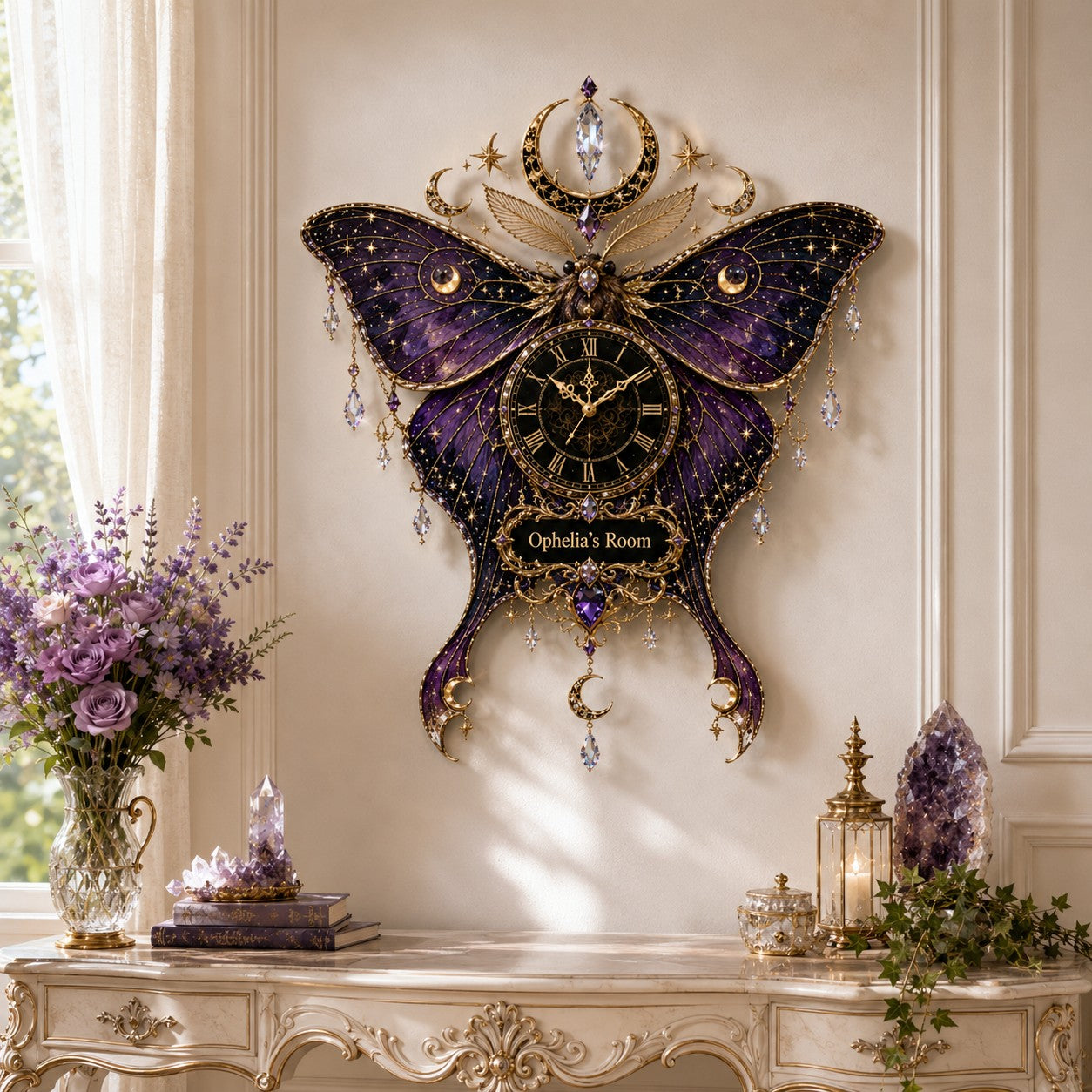 Moon moth Custom Name Wall Clock — personalized with a custom name