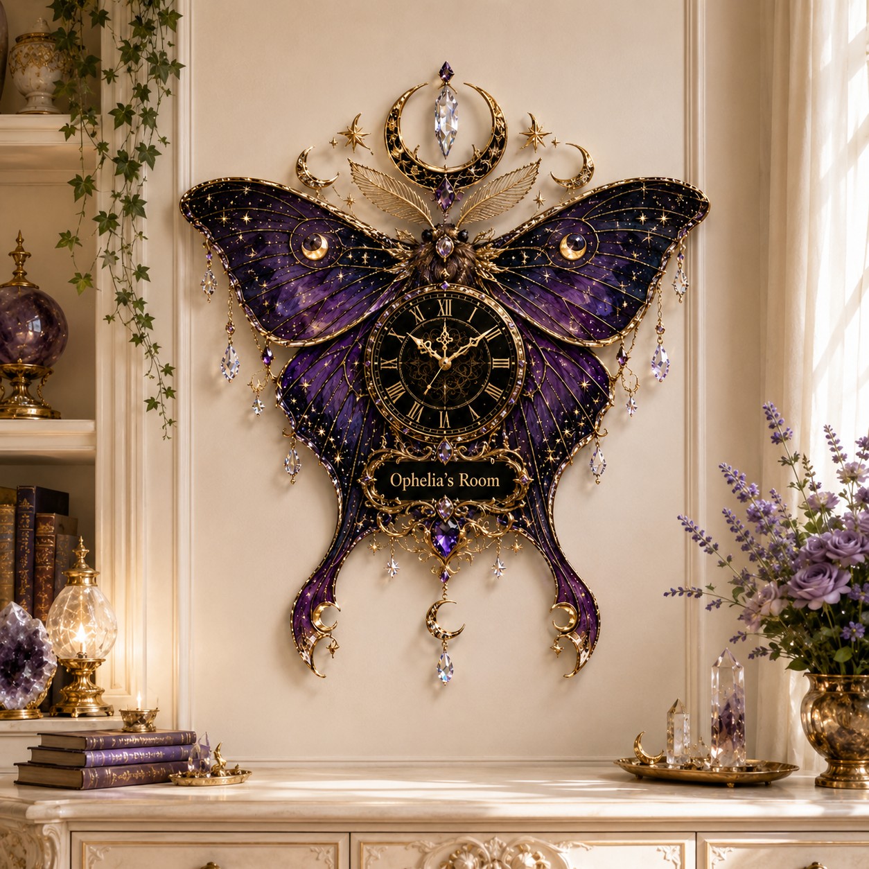 Moon moth Custom Name Wall Clock — personalized with a custom name