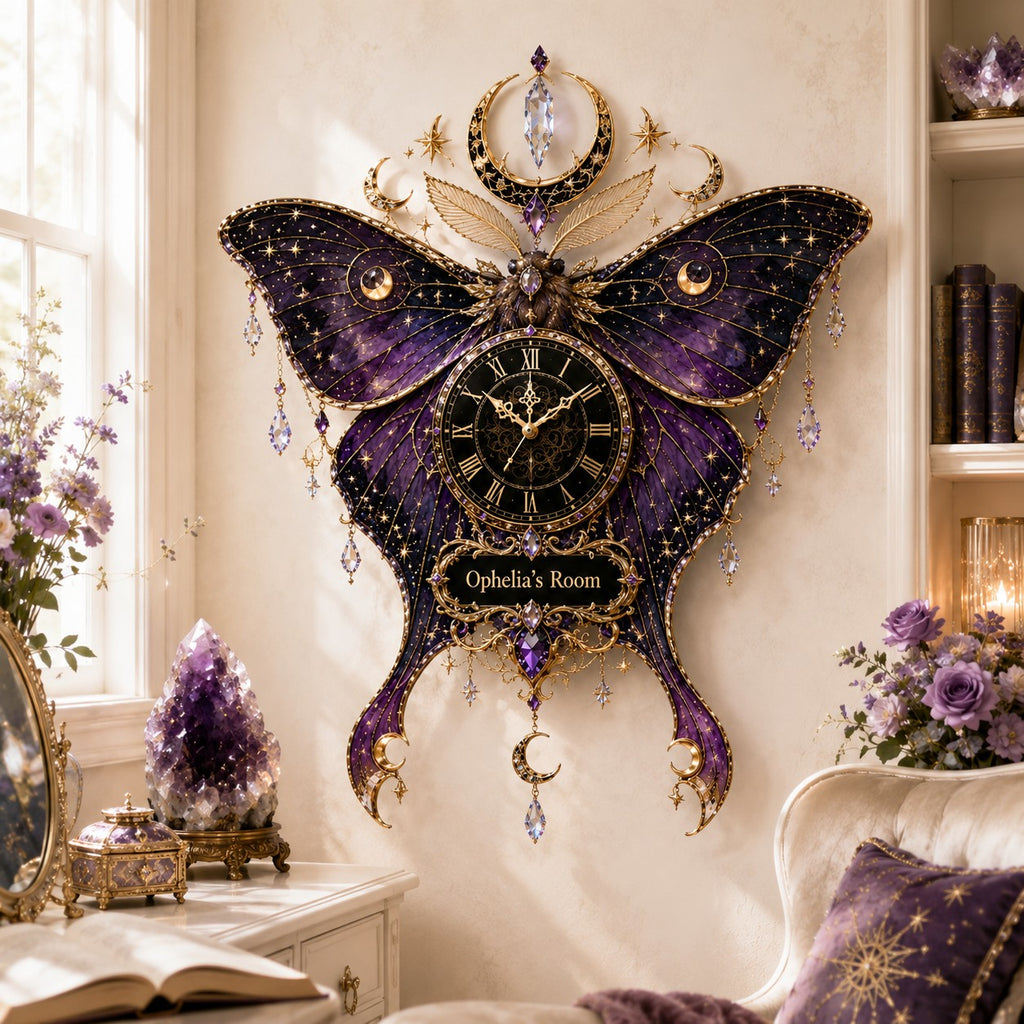 Moon moth Custom Name Wall Clock — personalized with a custom name