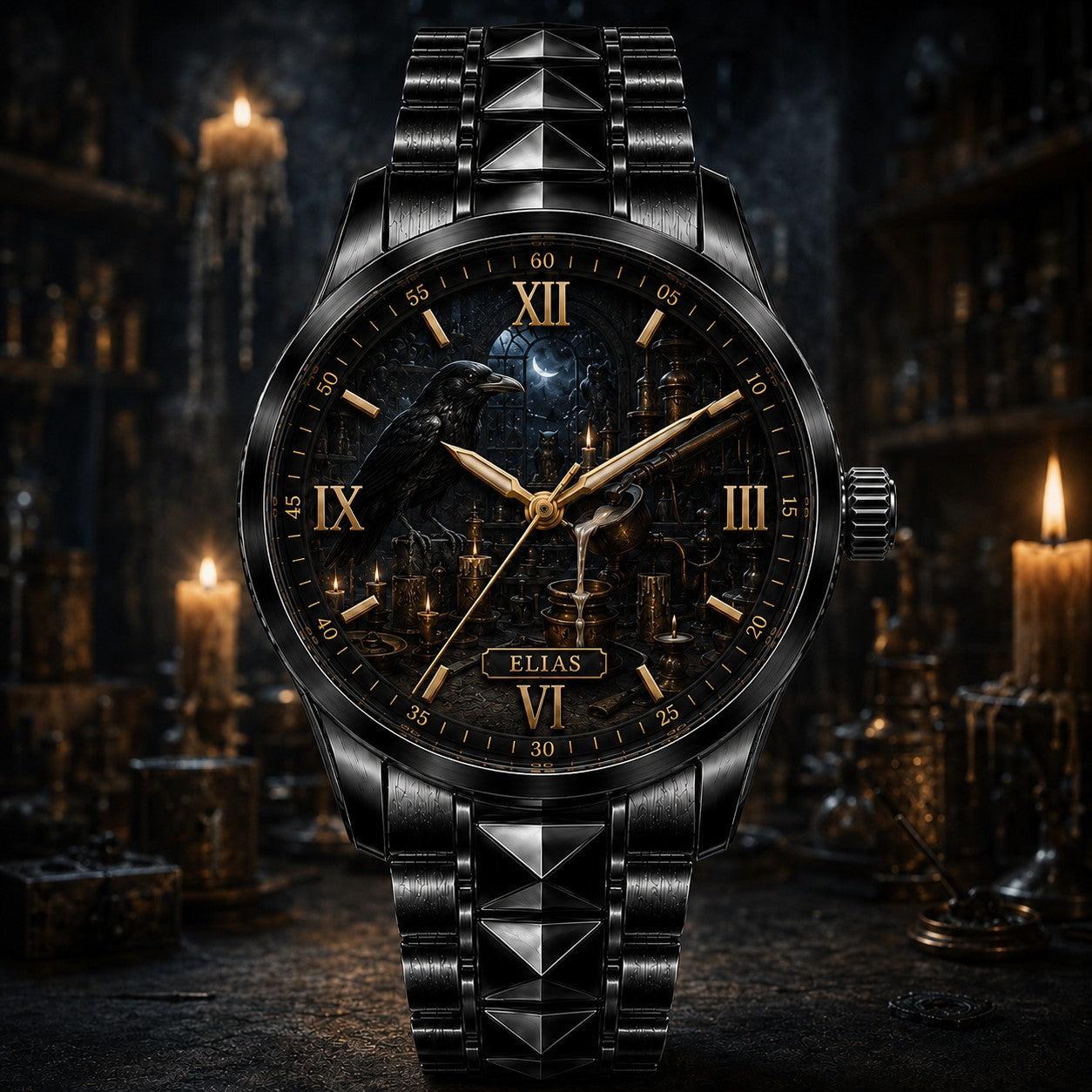 Raven Alchemist Laboratory W Custom Name Watch — personalized with a custom name