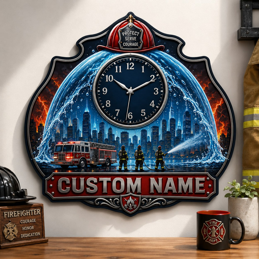Firefighter shield Custom Name Wall Clock — personalized with a custom name