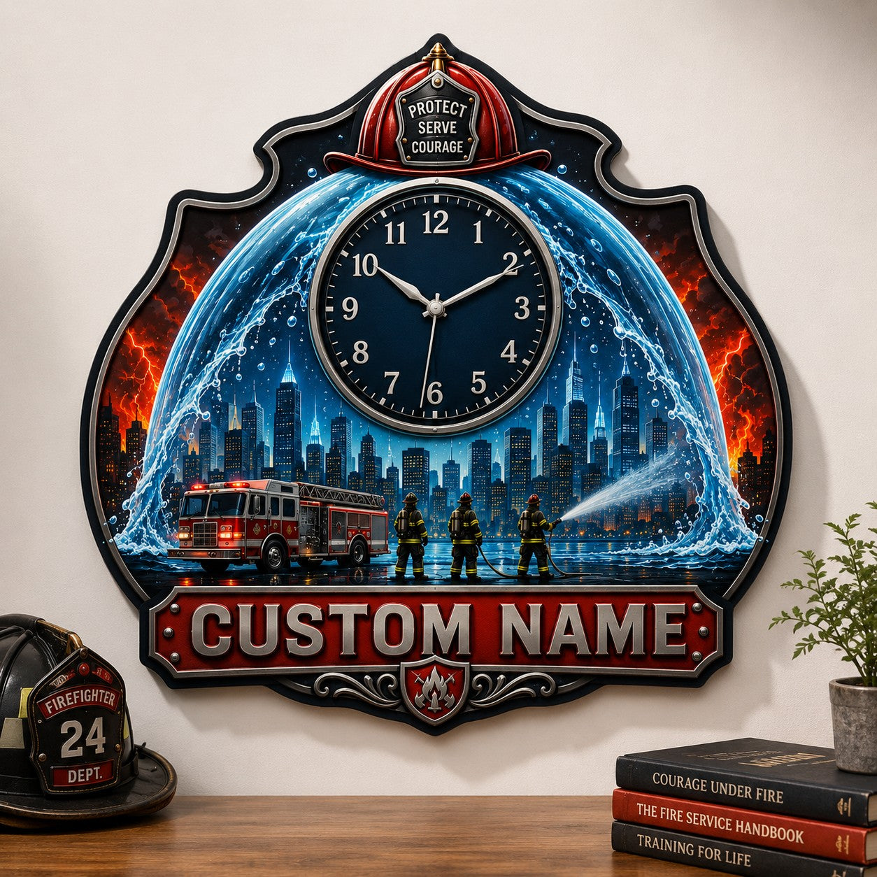 Firefighter shield Custom Name Wall Clock — personalized with a custom name