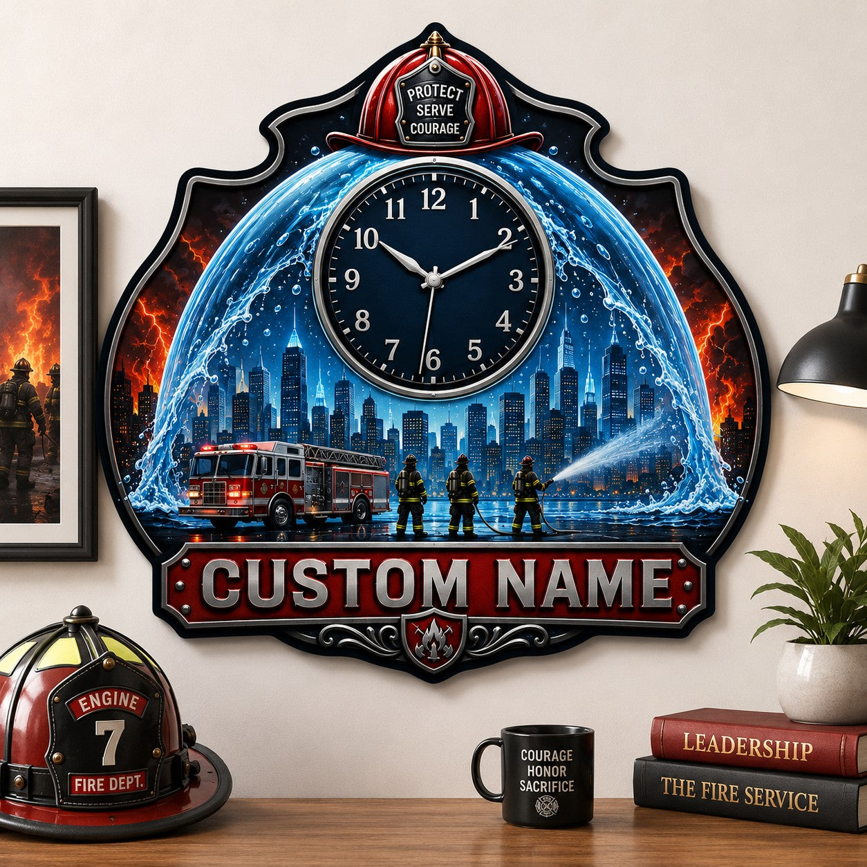 Firefighter shield Custom Name Wall Clock — personalized with a custom name