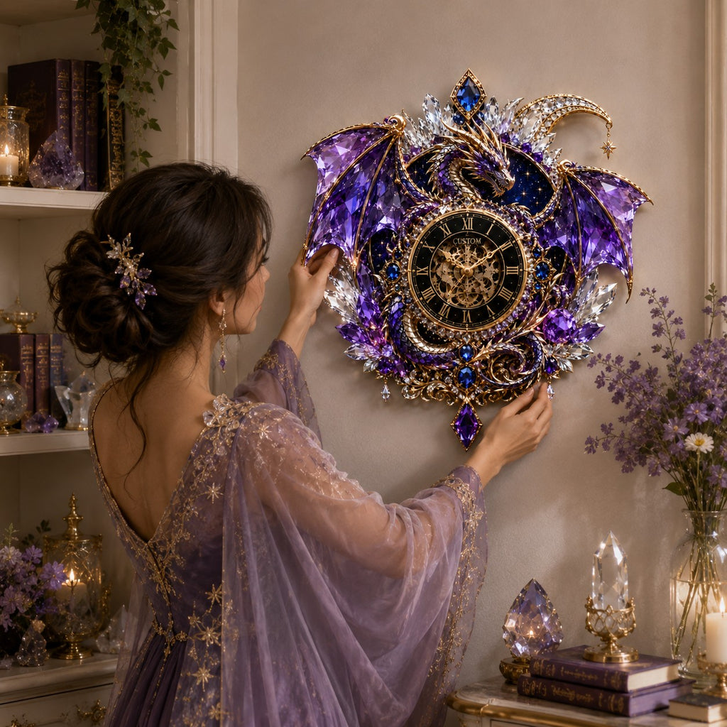 Purple crystal dragon Custom Name Wall Clock — personalized with a custom name