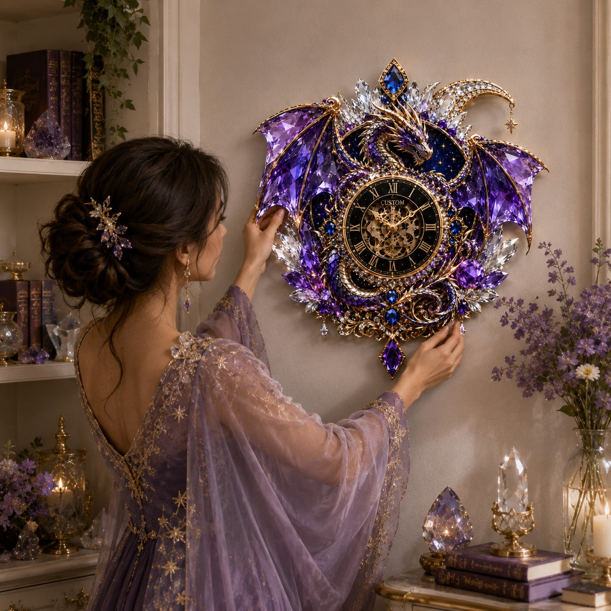Purple crystal dragon Custom Name Wall Clock — personalized with a custom name