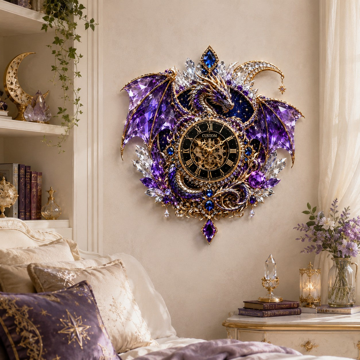 Purple crystal dragon Custom Name Wall Clock — personalized with a custom name