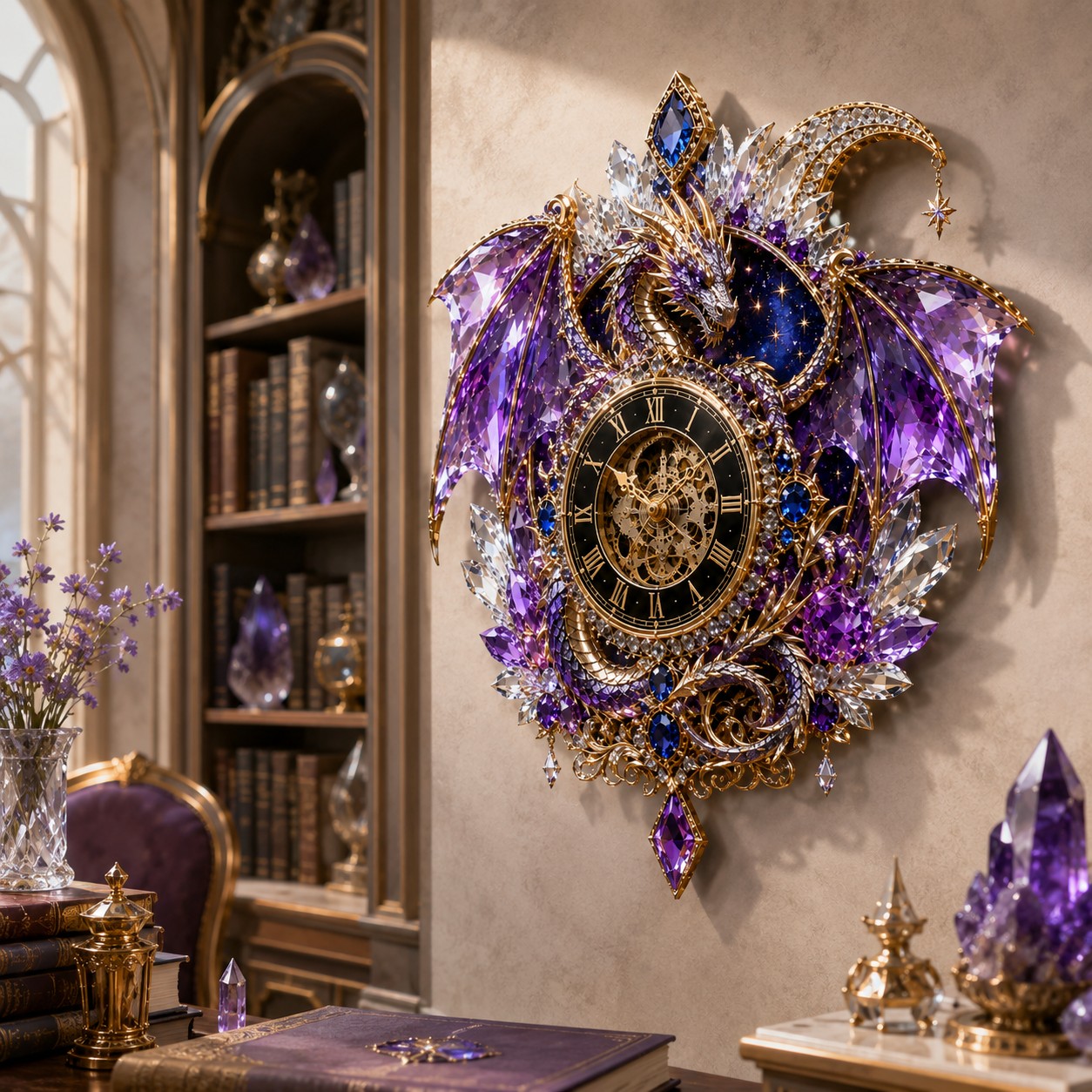 Purple crystal dragon Custom Name Wall Clock — personalized with a custom name