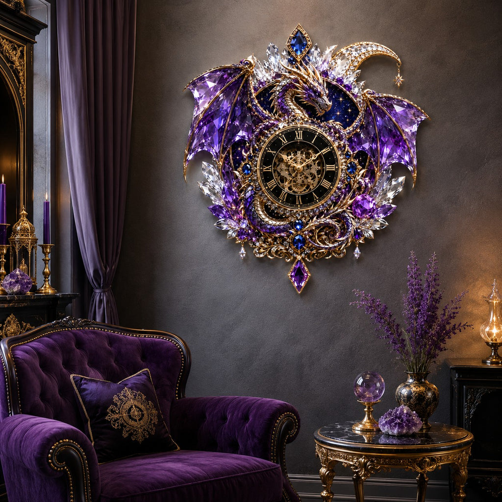 Purple crystal dragon Custom Name Wall Clock — personalized with a custom name
