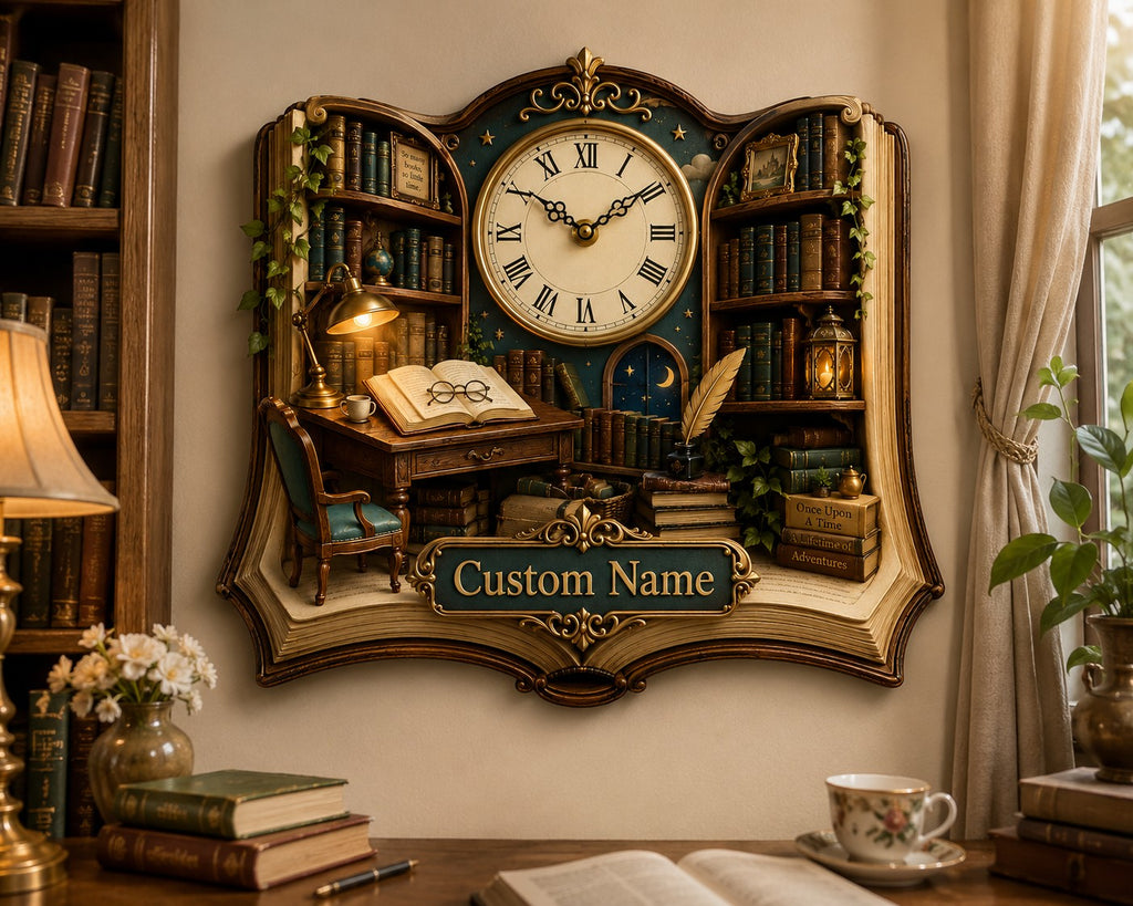 Open book Custom Name Wall Clock — personalized with a custom name