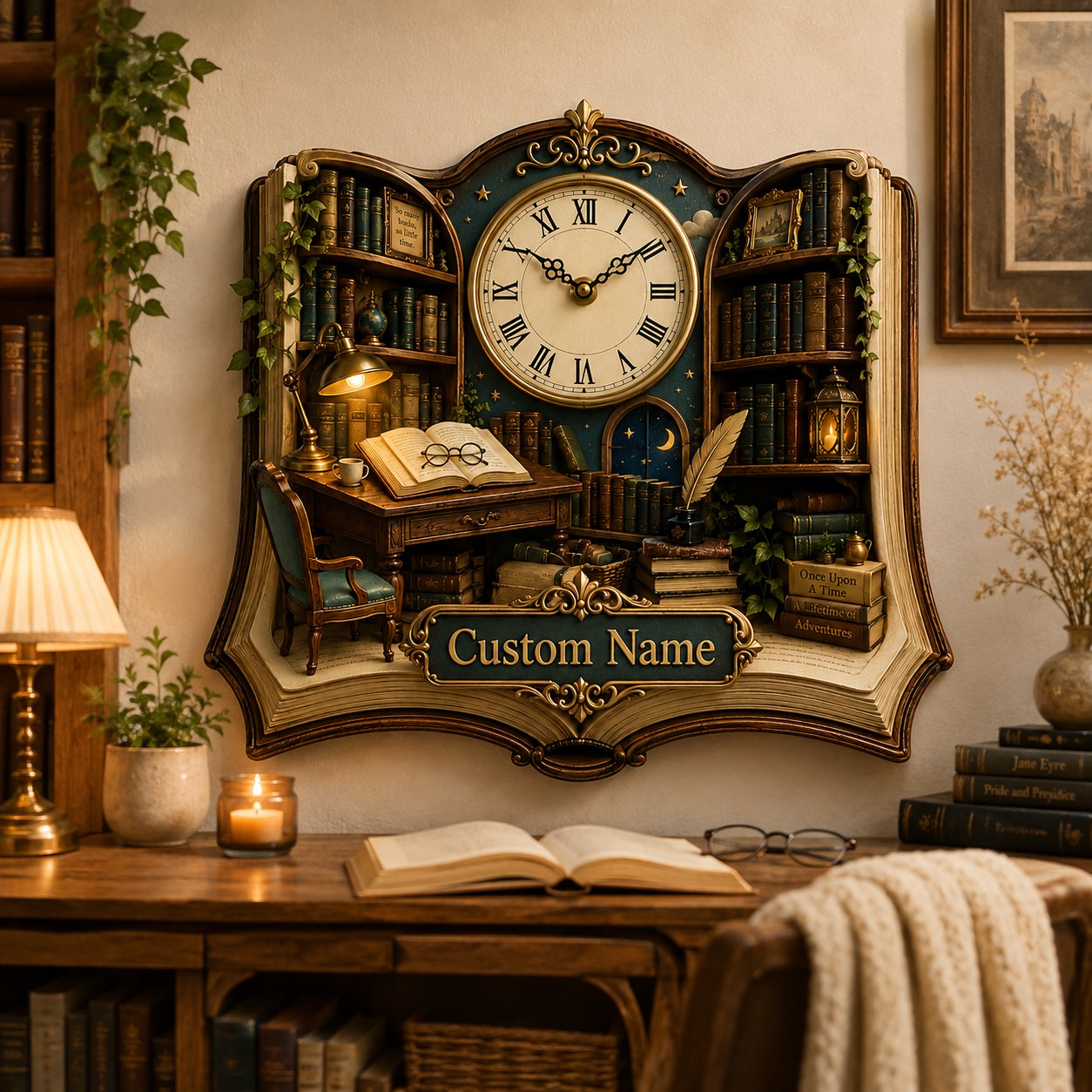 Open book Custom Name Wall Clock — personalized with a custom name