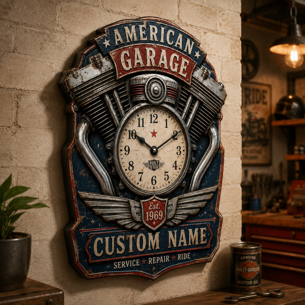 Motorcycle Enthusiasts Custom Name Wall Clock — personalized with a custom name