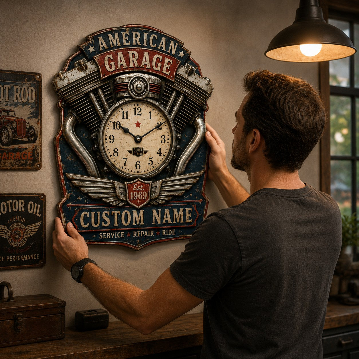 Motorcycle Enthusiasts Custom Name Wall Clock — personalized with a custom name