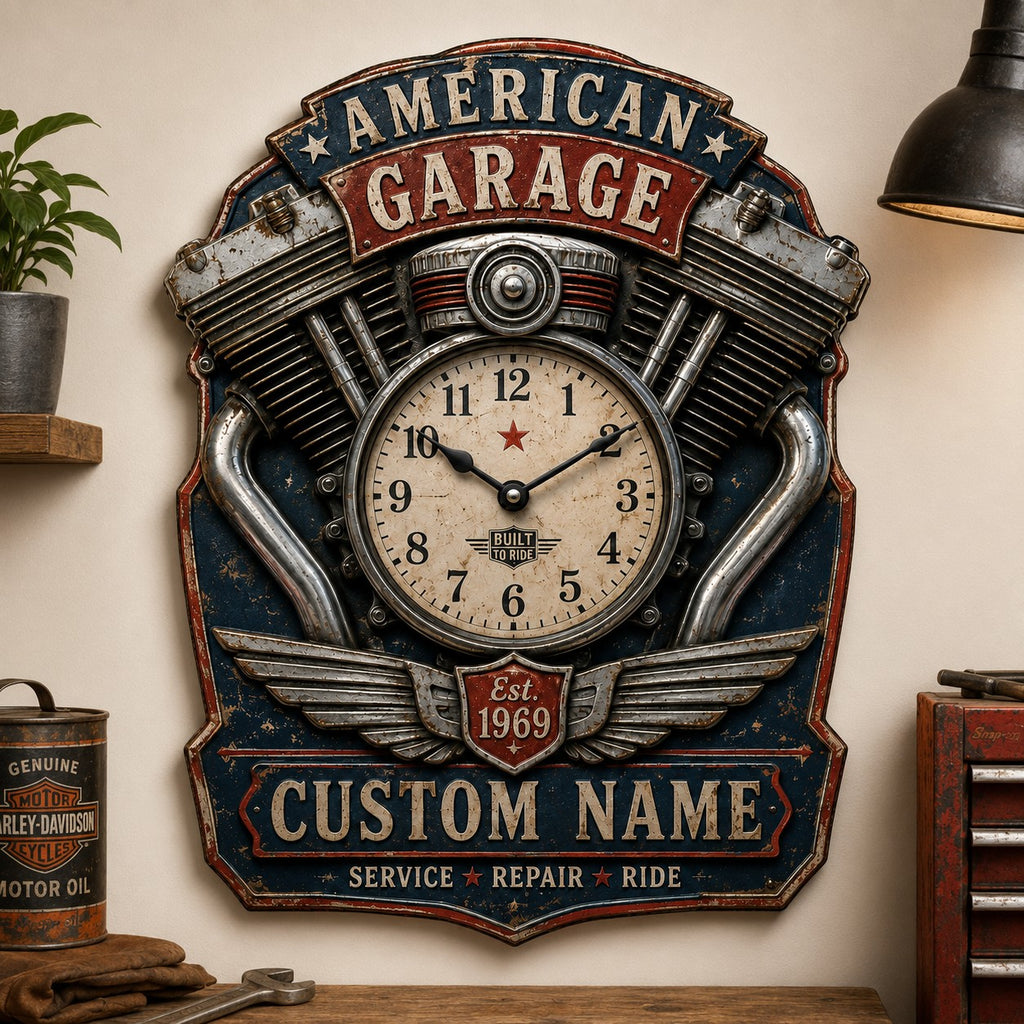 Motorcycle Enthusiasts Custom Name Wall Clock — personalized with a custom name