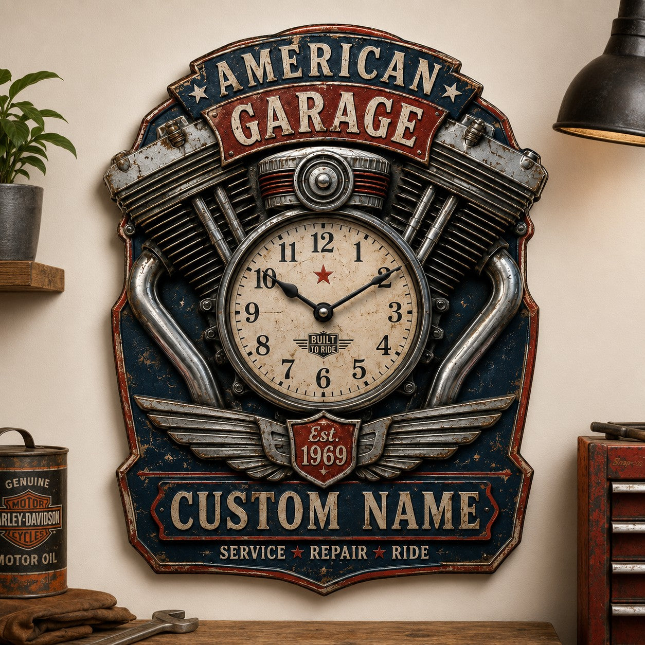 Motorcycle Enthusiasts Custom Name Wall Clock — personalized with a custom name