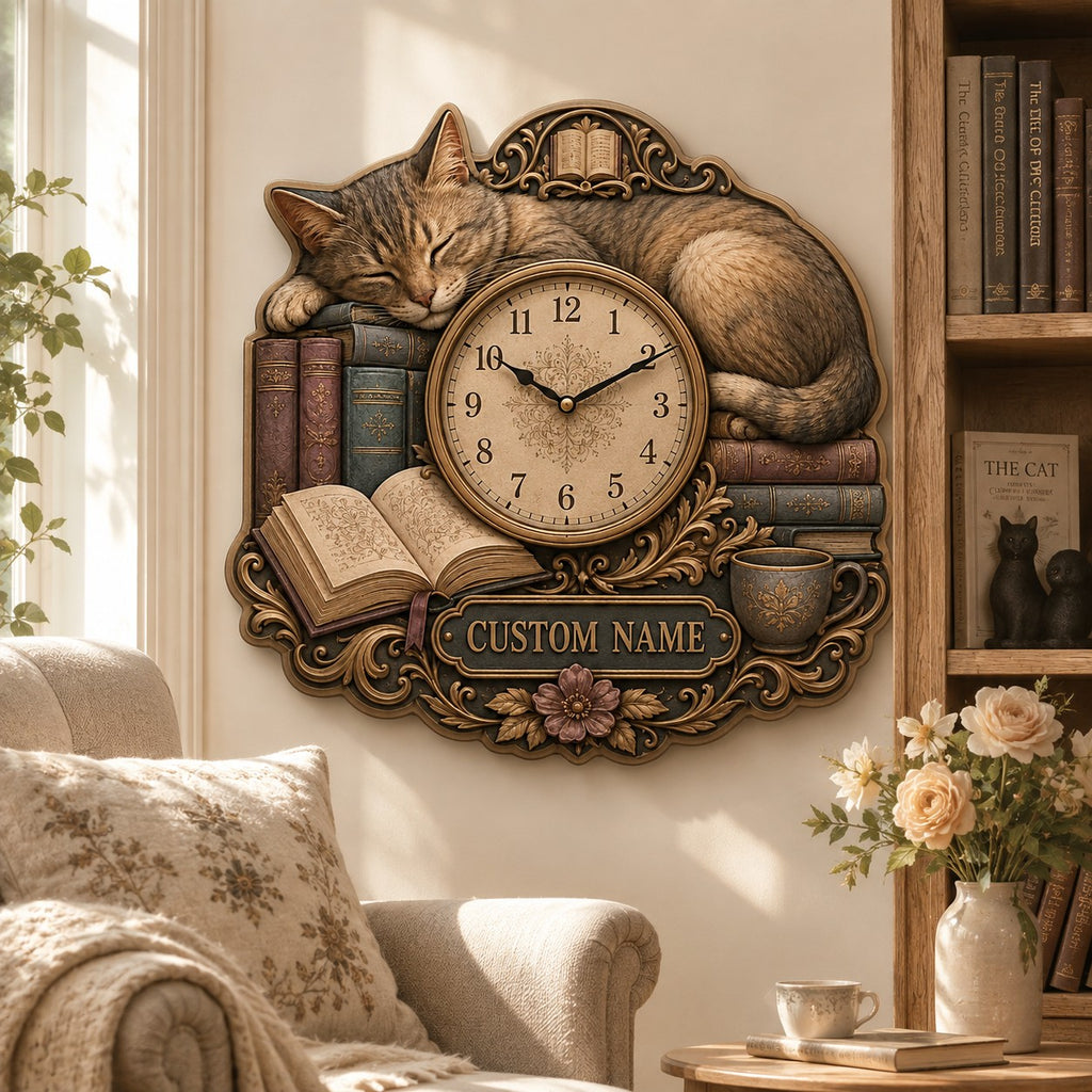 Personalized Cat Book Lover Wall Clock — personalized with a custom name