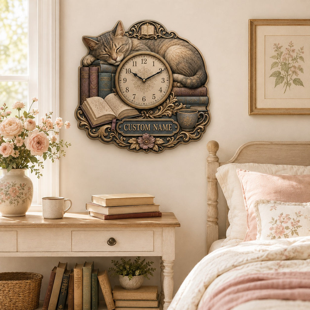 Personalized Cat Book Lover Wall Clock — personalized with a custom name