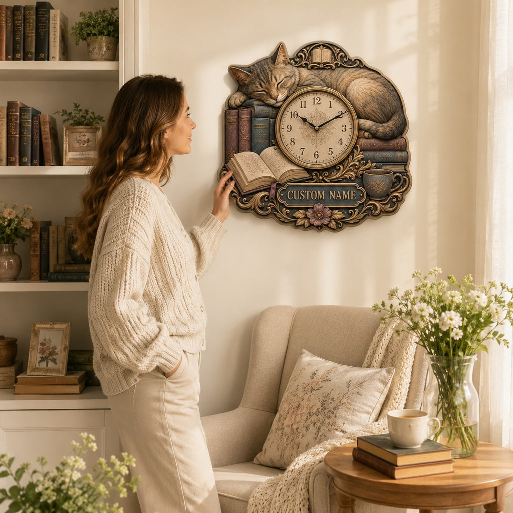 Personalized Cat Book Lover Wall Clock — personalized with a custom name