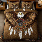 Native American Bald Eagle Brown quilted 3-piece bedding set on a made bed in a warmly lit bedroom