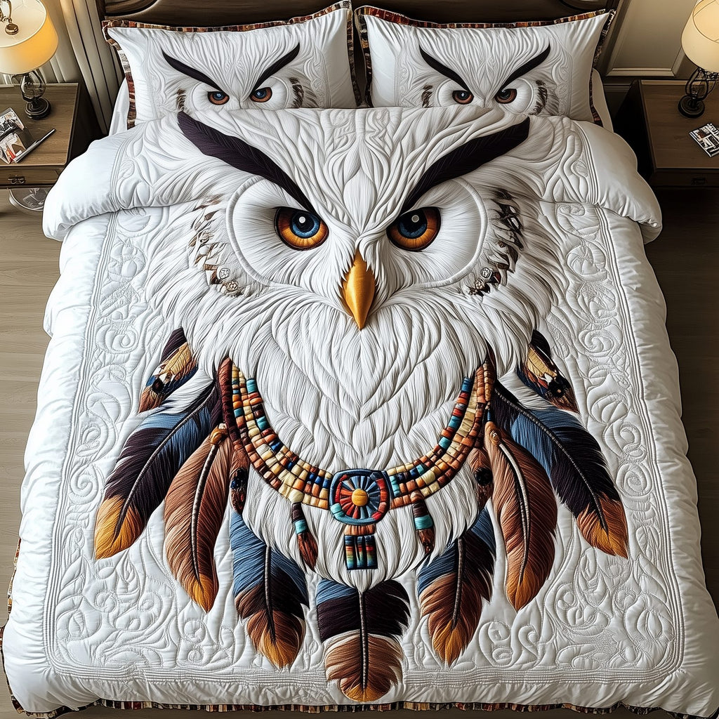 Native American Owl quilted 3-piece bedding set on a made bed in a warmly lit bedroom