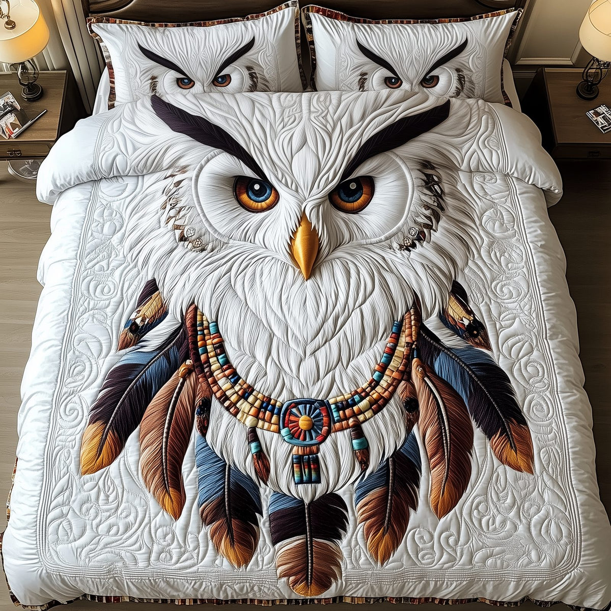 Native American Owl quilted 3-piece bedding set on a made bed in a warmly lit bedroom