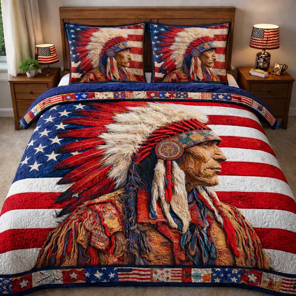 Native Chief Patriot Flag quilted 3-piece bedding set on a made bed in a warmly lit bedroom