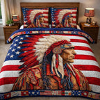 Native Chief Patriot Flag quilted 3-piece bedding set on a made bed in a warmly lit bedroom