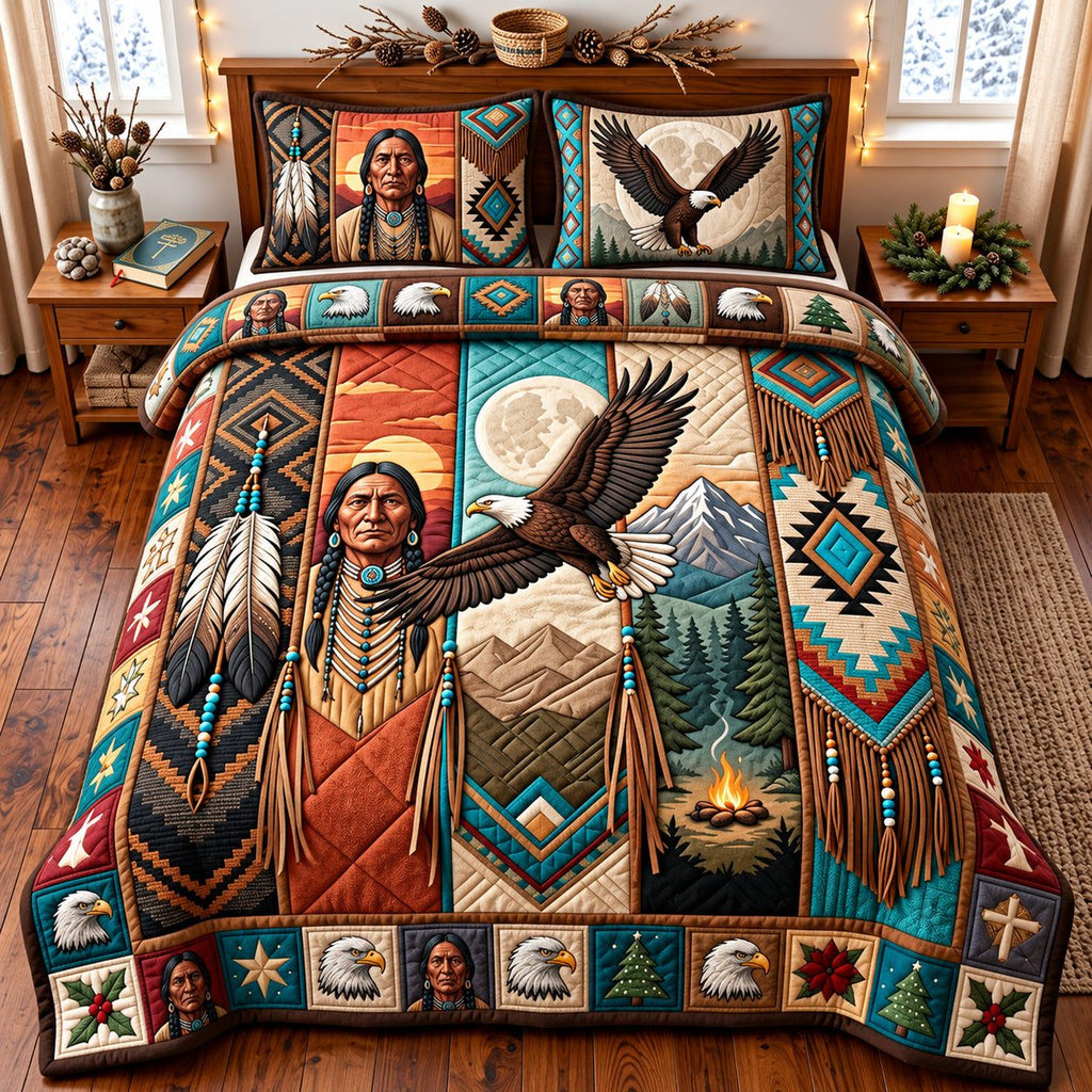 Native Eagle quilted 3-piece bedding set on a made bed in a warmly lit bedroom