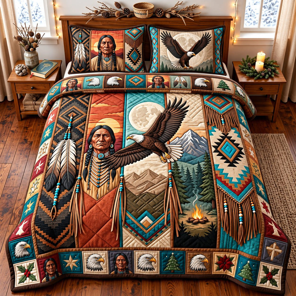 Native Eagle quilted 3-piece bedding set on a made bed in a warmly lit bedroom