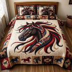 Native Legacy Black Horse quilted 3-piece bedding set on a made bed in a rustic timber bedroom