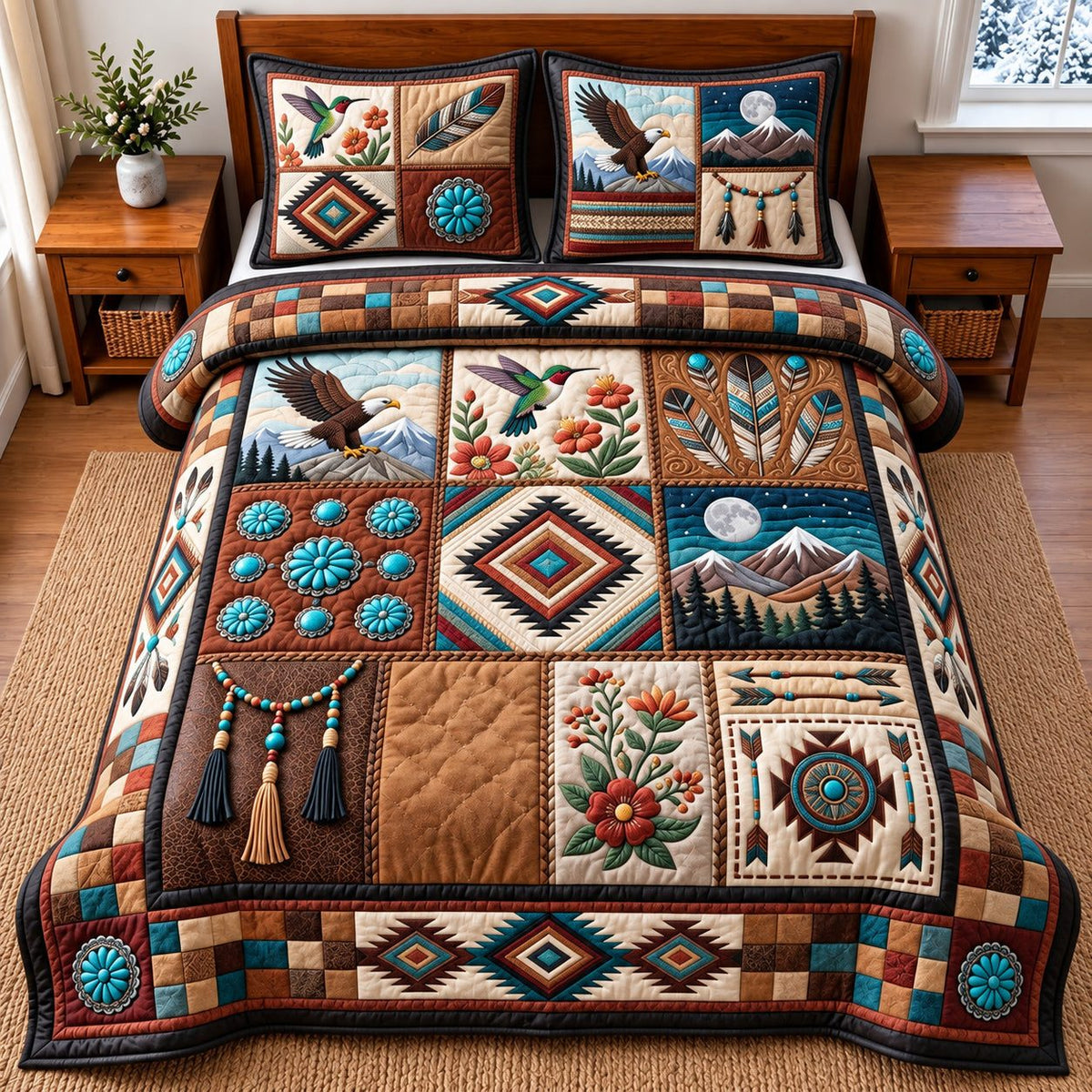 Native Patchwork quilted 3-piece bedding set on a made bed in a farmhouse bedroom