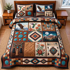 Native Patchwork quilted 3-piece bedding set on a made bed in a farmhouse bedroom