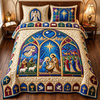 Nativity Cathedral Window quilted 3-piece bedding set on a made bed in a winter-styled bedroom