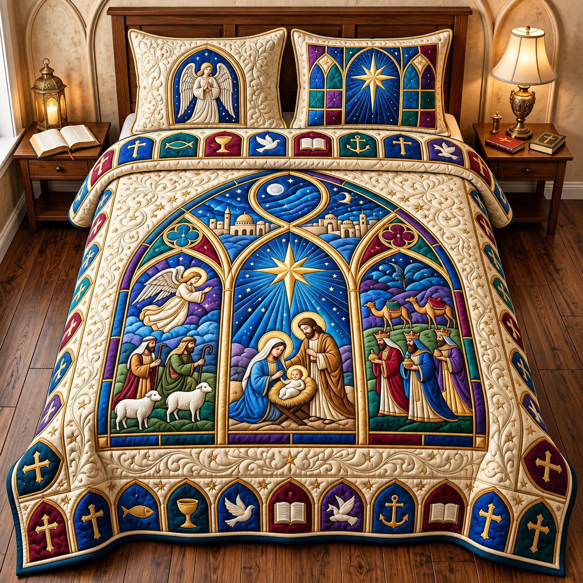 Nativity Cathedral Window quilted 3-piece bedding set on a made bed in a winter-styled bedroom